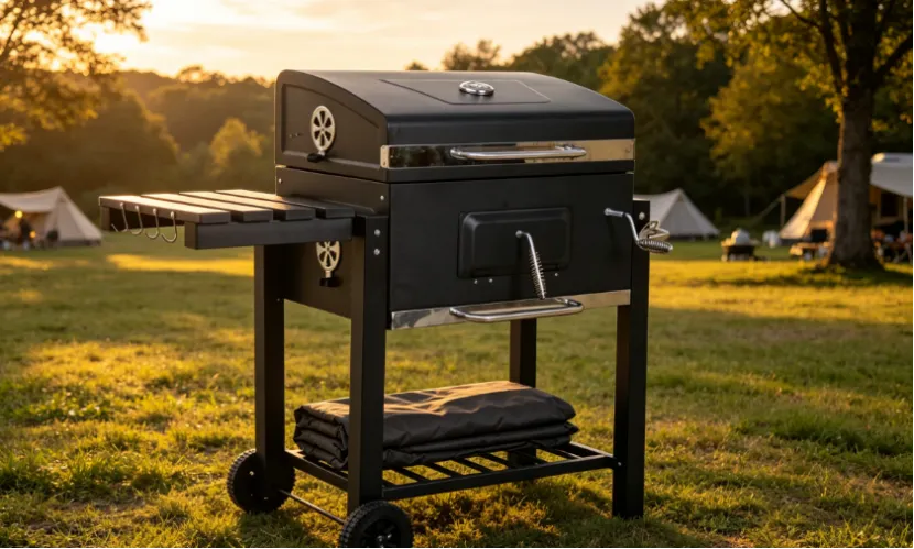 Black freestanding charcoal grill with wheels at a campsite.