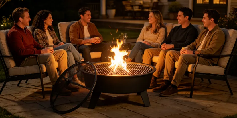 Friends gathering around a round steel fire pit on a patio.