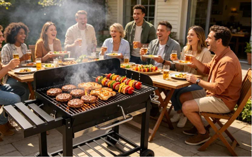 Large charcoal grill loaded with food at a backyard BBQ party.