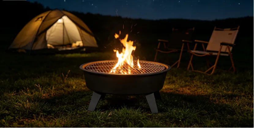 Portable wood-burning fire pit at a nighttime campsite.