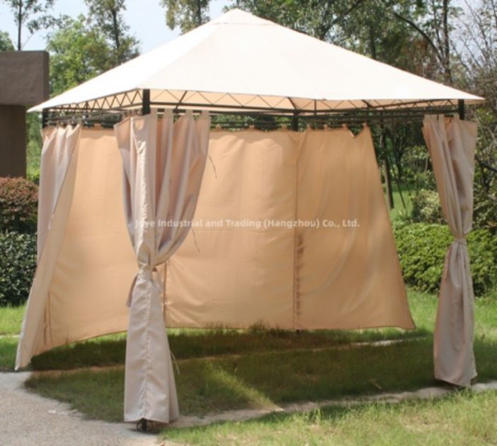 Beige outdoor canopy gazebo with curtains