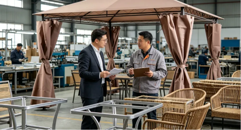 Buyer and manager conducting an outdoor furniture factory audit