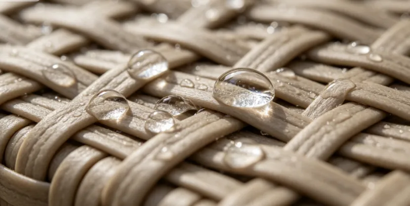Close-up of water droplets on waterproof synthetic rattan