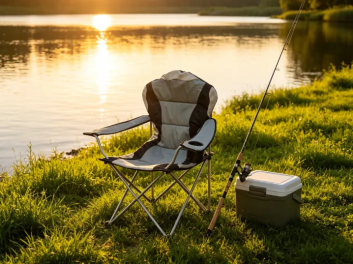 Folding camping chair by a lake at sunset with a fishing rod and cooler