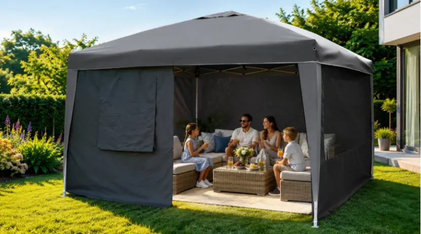Gray pop-up gazebo with side walls in a sunny backyard