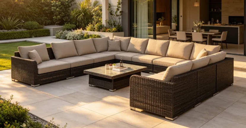 Modern dark modular rattan sofa set on a patio