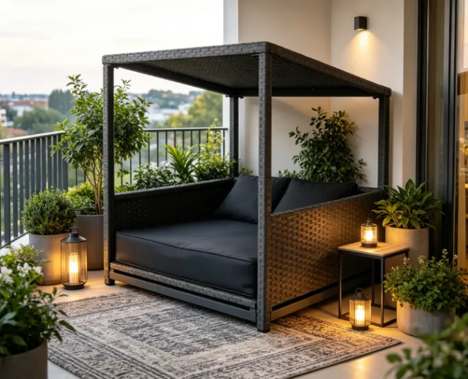 Rattan dog house with canopy roof on a plant-filled balcony