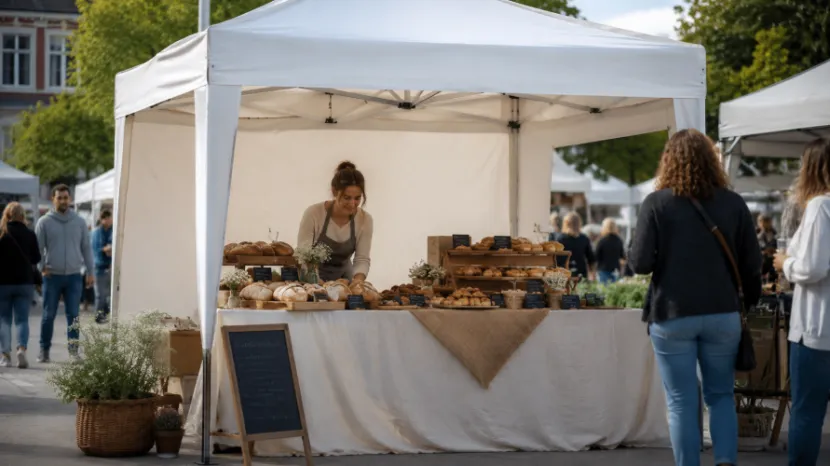 White pop-up canopy with a back wall used at an outdoor market