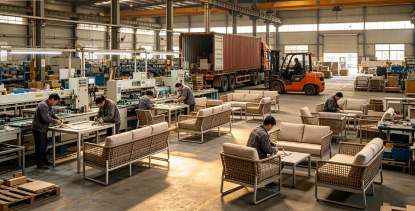 Workers assembling rattan outdoor furniture on a factory production line