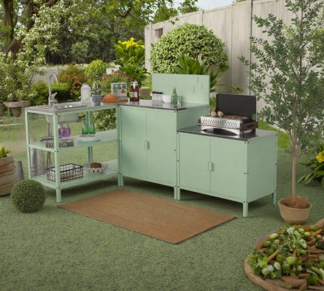 Outdoor kitchen furniture cleaning and maintenance with protective cover