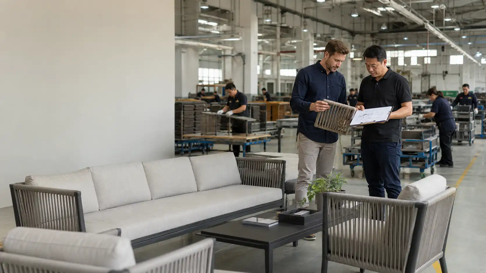 Importer inspecting outdoor furniture samples at a manufacturing facility in China