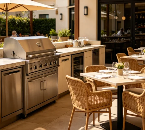 L-shaped commercial outdoor kitchen in restaurant patio