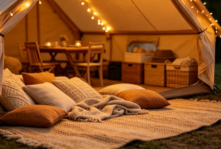 Soft textile & string light decor inside camping gazebo