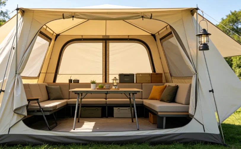 U-shaped functional layout of camping gazebo lounge
