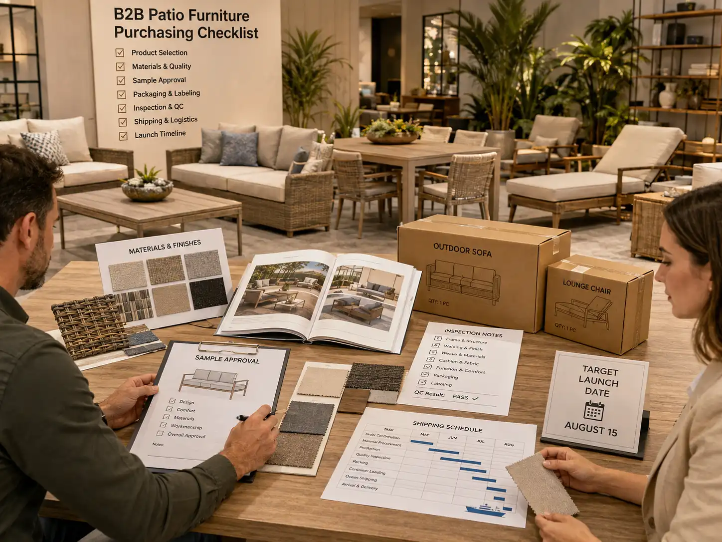 B2B patio furniture purchasing checklist showing product selection, materials, packaging, sample approval, inspection, shipping, and target launch date