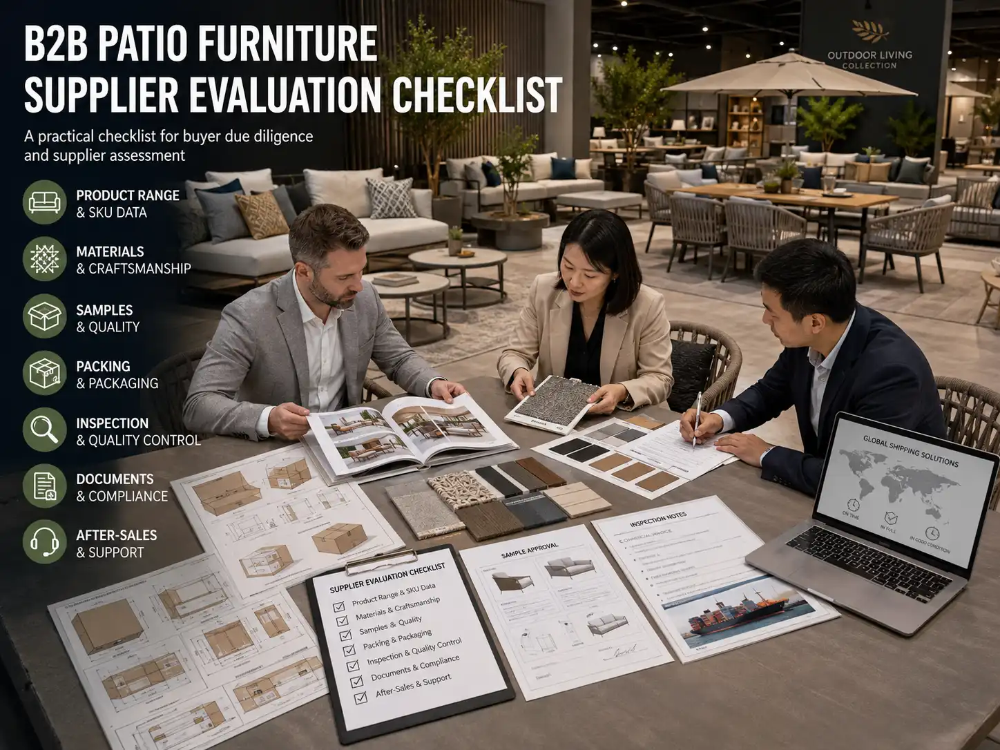 B2B patio furniture supplier evaluation checklist showing product range, SKU data, materials, samples, packing, inspection, documents, and after-sales support