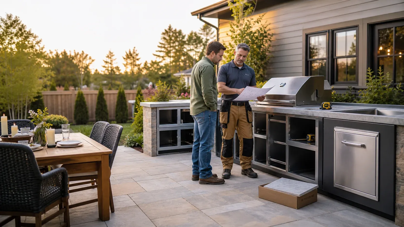 Homeowner reviewing an outdoor kitchen construction schedule with an installer