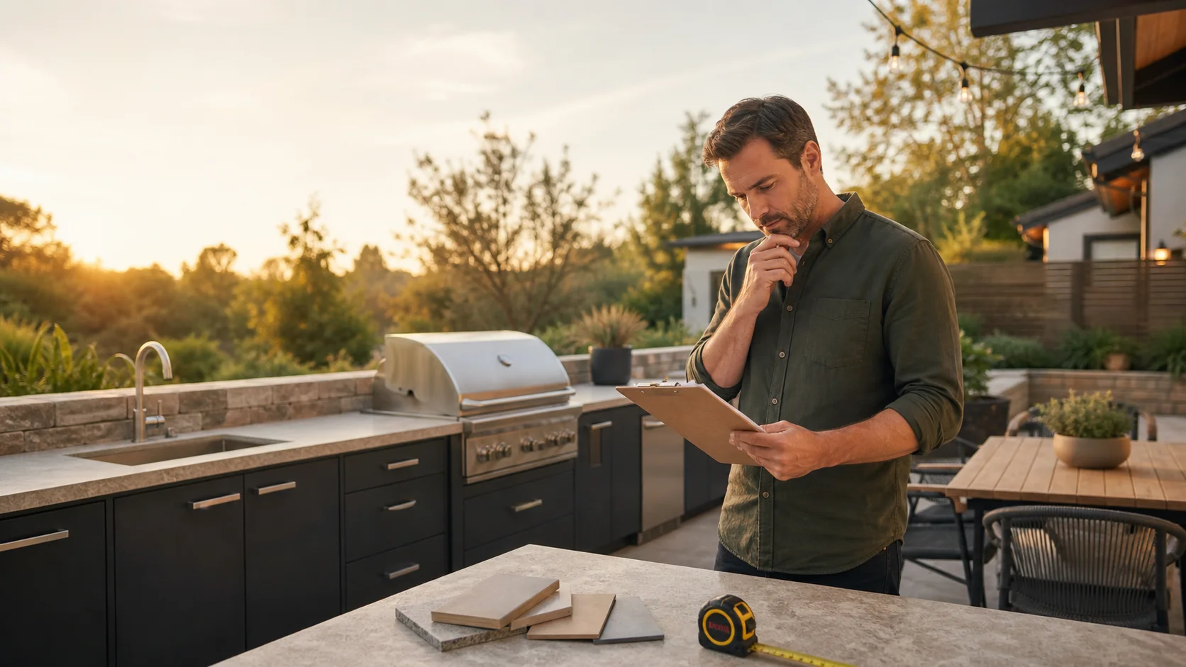 Homeowner reviewing the cost of a finished outdoor kitchen