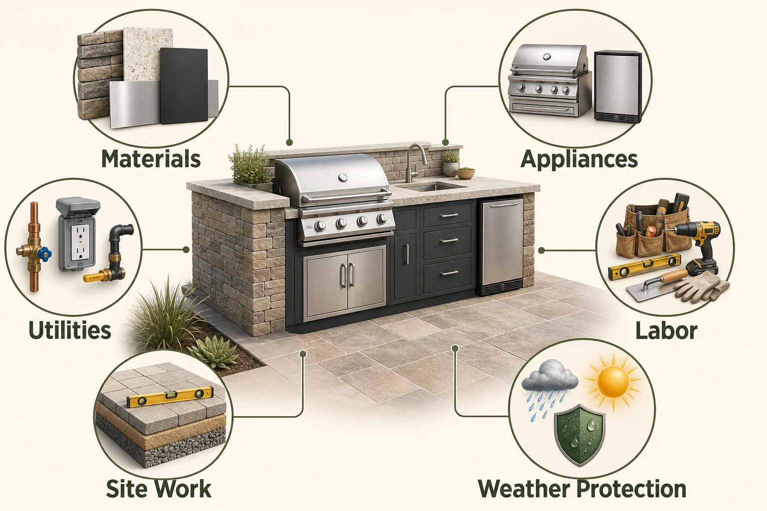 Outdoor kitchen cost breakdown covering materials, appliances, utilities, labor, site work and weather protection
