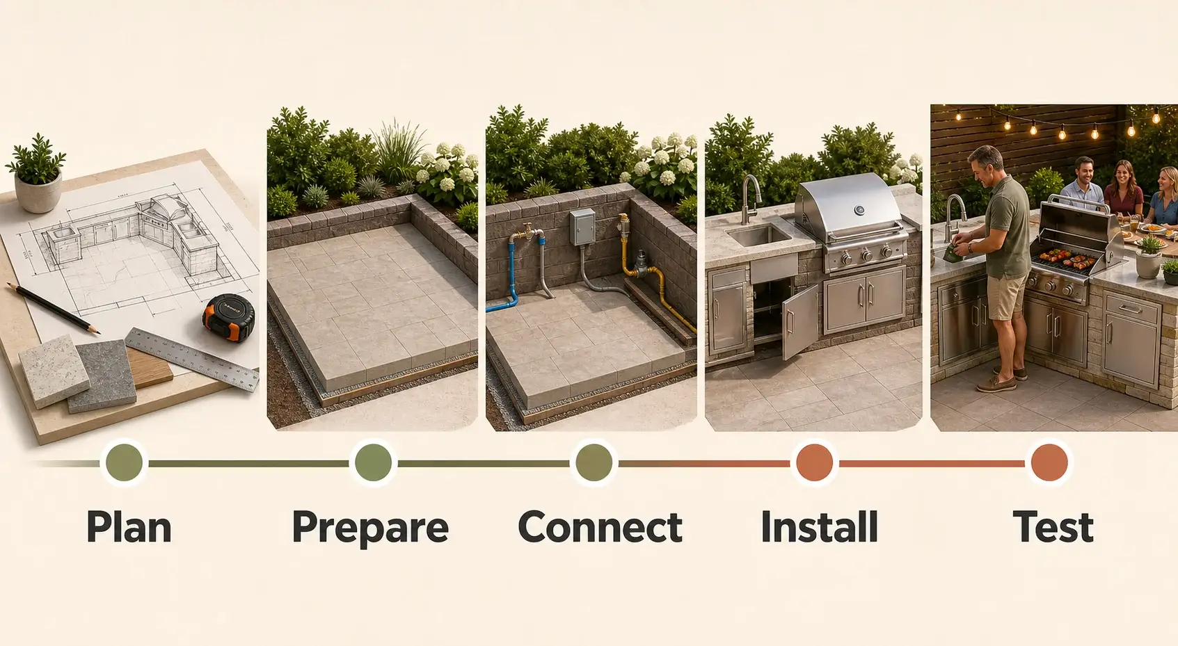 Outdoor kitchen installation timeline from planning and site preparation to testing