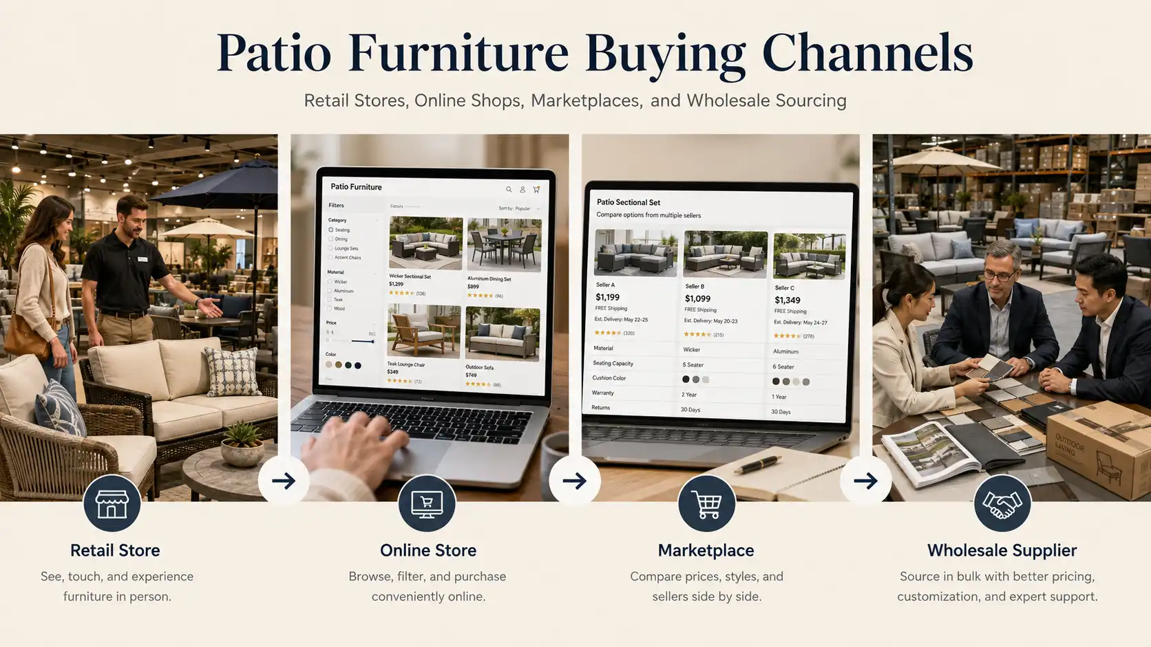 Patio furniture buying channels comparison showing retail stores, online shops, marketplaces, and wholesale sourcing for outdoor furniture buyers
