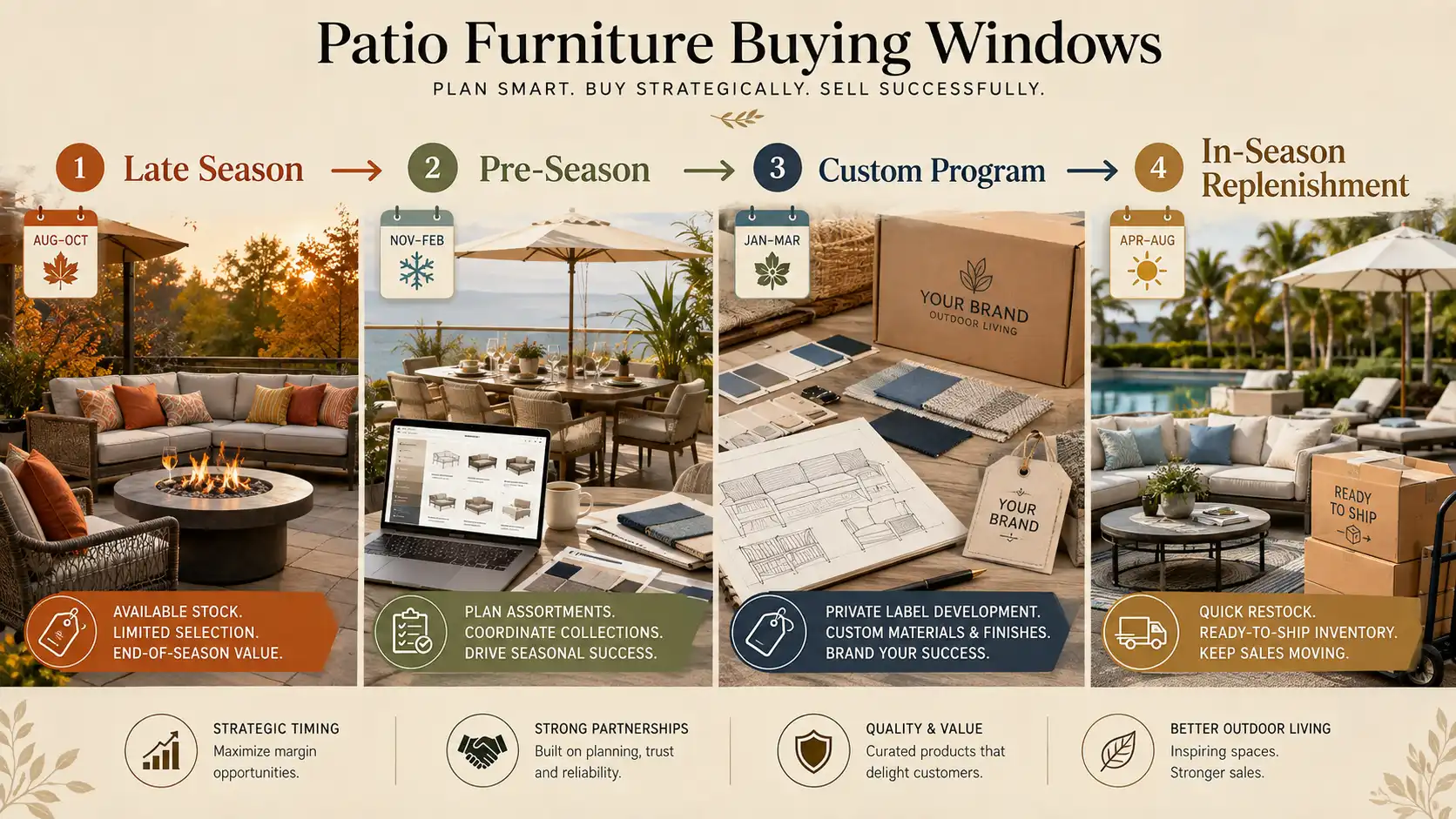 Patio furniture buying window comparison showing late-season stock, pre-season collection planning, private-label orders, and in-season replenishment