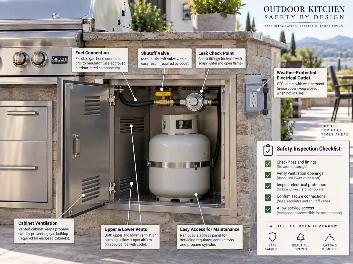 Grill fuel connection, cabinet ventilation, and safety inspection check