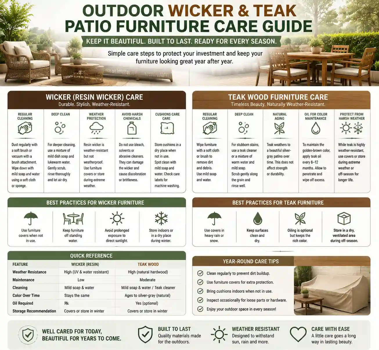 Outdoor wicker and teak patio furniture care guide for weather resistance